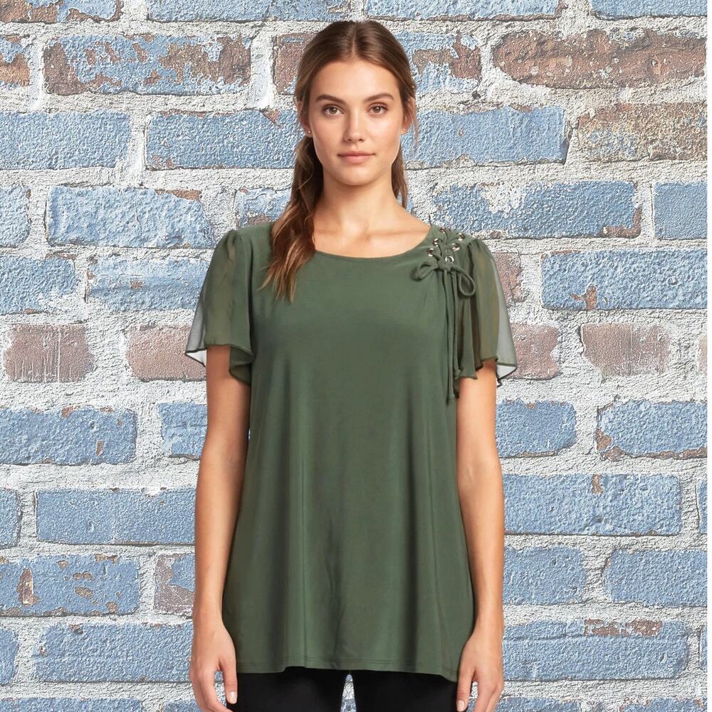 Adele & May Olive Green Top Size Large with Asymmetrical Cap Sleeves Sheer
